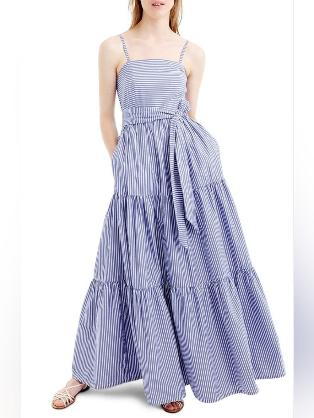 NWT J.Crew Tiered Maxi in Lagoon White Stripes Tie Waist Cotton Sun Dress 0